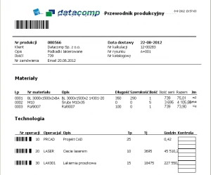 Planowanie produkcji – przewodnik produkcyjny zawierający numer produkcji, datę dostawy materiały oraz zastosowane technologie 